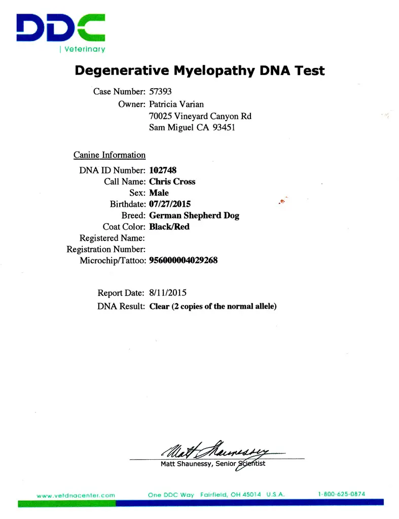 A page of the degenerative myelopathy dna test.