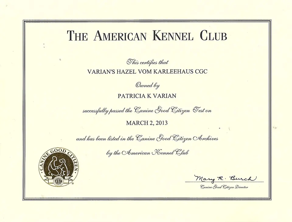 A certificate of appreciation for the american kennel club.