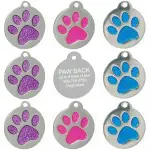A bunch of different colored paw prints on the back of a tag.
