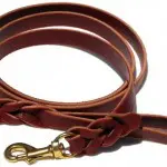 A brown leather leash with gold plated brass hook.