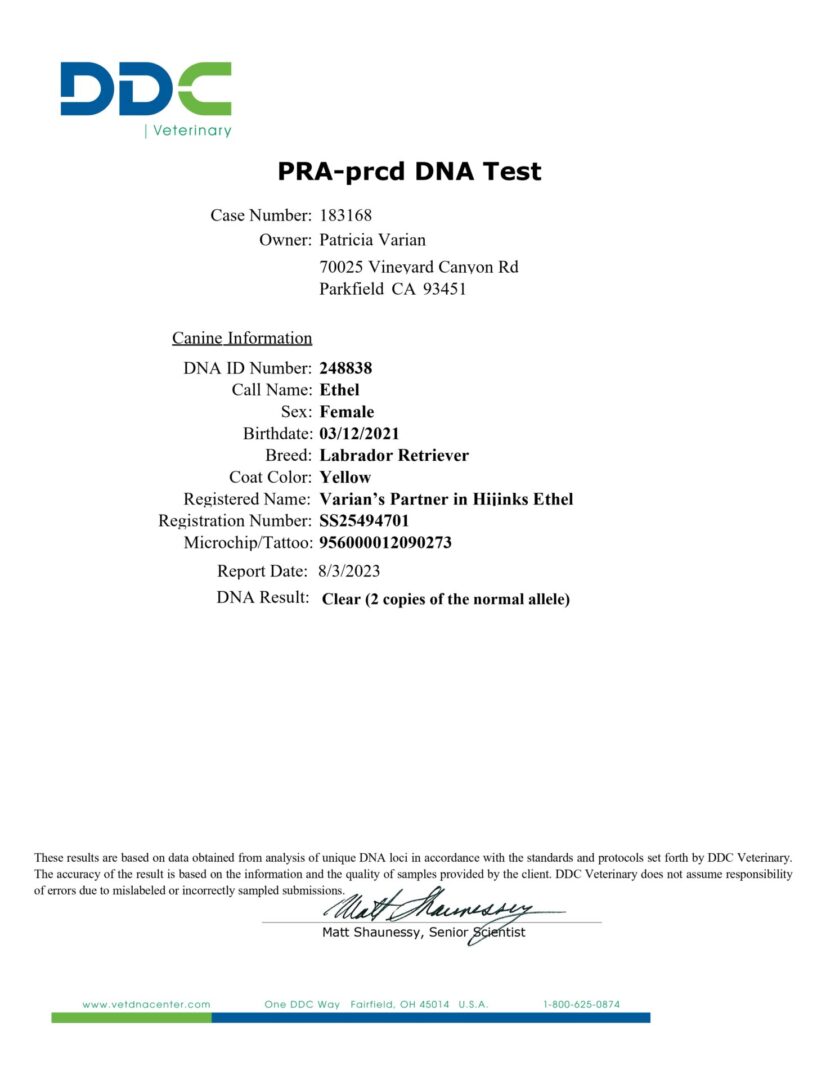 A page of the pta-percel dna test.